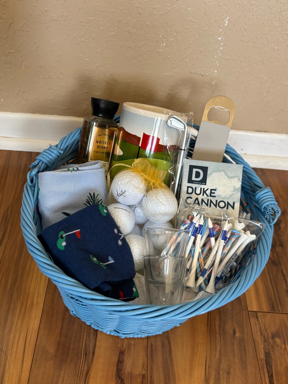 Men’s Fathers Day Light Blue Wicker Gift Basket with Assorted Golf and Bar Items